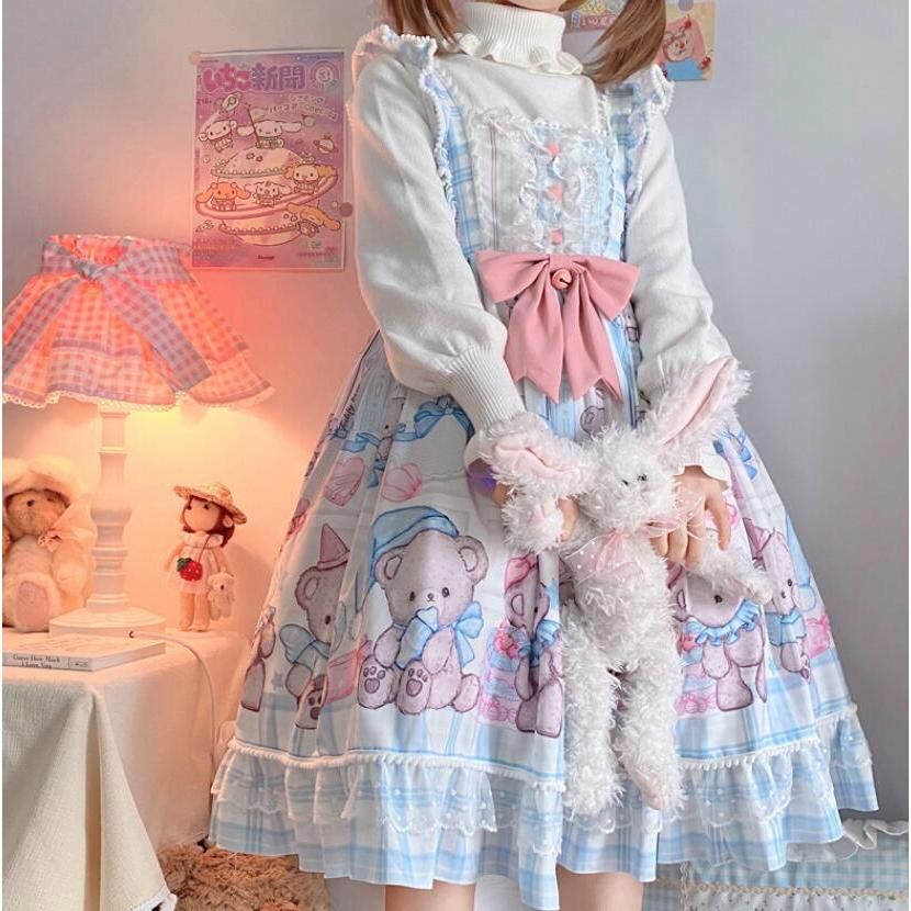 ロリータ ワンピース ジャンパースカート かわいい 膝丈 甘ロリ ゴスロリ ワンピース お姫様 フリル ロリータ服 Lolita レース リボン 裾フリル レディース コス