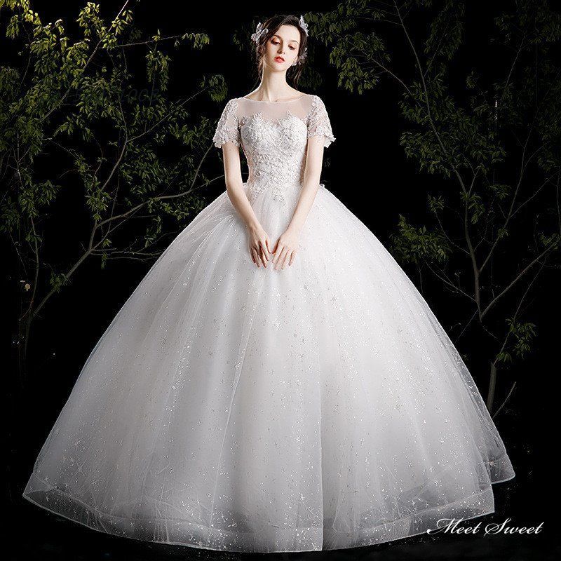 ウェディングドレス ロングドレス プリンセスラインドレス 半袖 二次会 結婚式 チュール 挙式 ブライダル キラキラ 前撮り ウエディングドレス 花嫁 pai5a271008