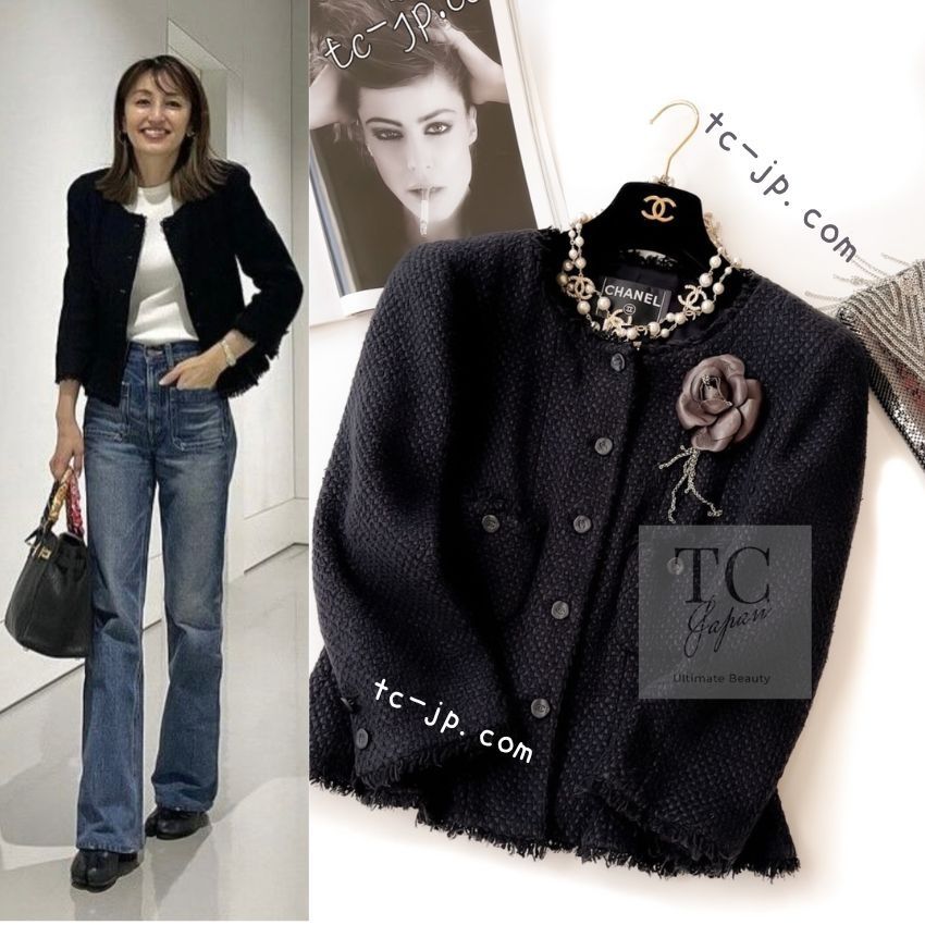 シャネル ジャケット スーツ セット CHANEL ブラック 黒 シルク コットン ノー 春夏 サマー ツイード スカート カール ラガーフェルド 名作 40 42