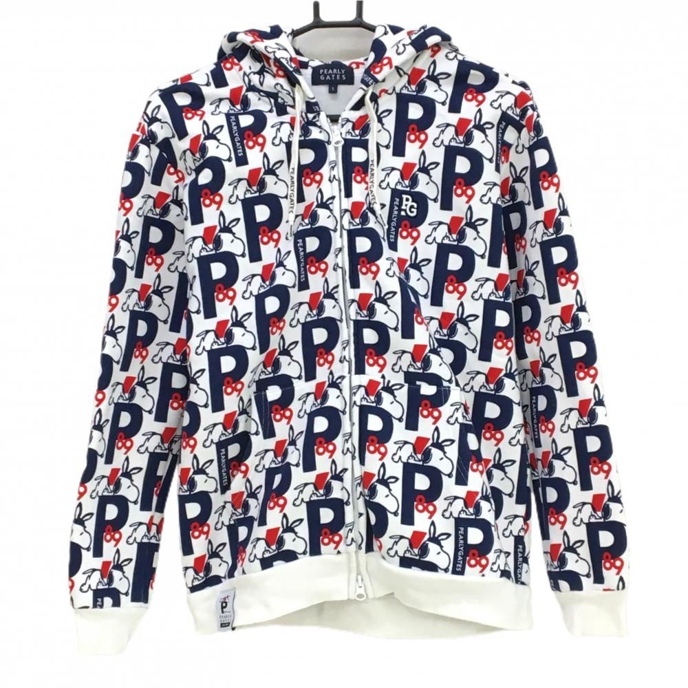【超美品】パーリーゲイツ×PEANUTS ジップパーカー 白×ネイビー  レディース 1(M) ゴルフウェア PEARLY GATES