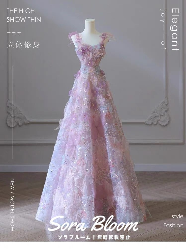 パステルフラワー刺繍 ロングドレス ノースリーブ Aライン パーティードレス ウェディング フォト撮影 二次会 舞台衣装