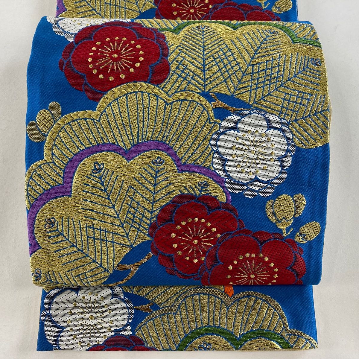 袋帯 美品 秀品 振袖向き 笠松 梅 金糸 青 六通 正絹 【中古