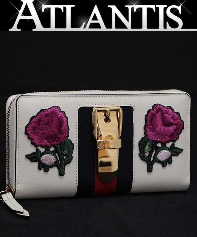 GUCCI シルヴィ エンブロイダリ― ラウンドファスナー 長財布 レザー 白 Sylvie (グッチ)GUCCI シルヴィ デザイン レザー ラウンド 長