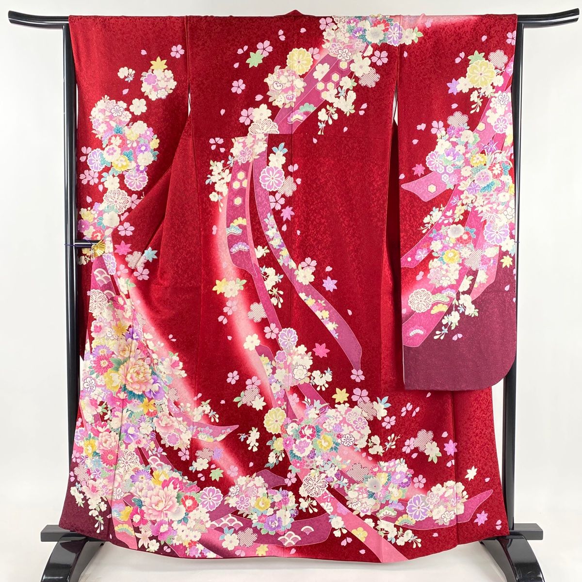 在庫一掃】 振袖 身丈164cm 裄丈66cm M 袷 鞠 草花 金通し 金糸 赤  