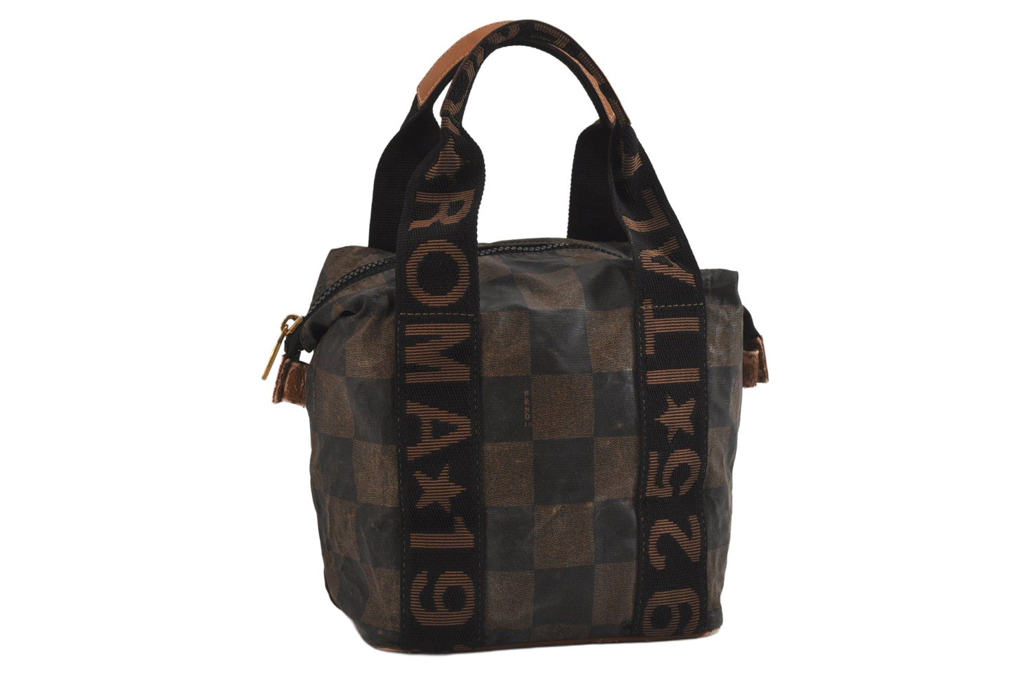FENDI フェンディ ヴィンテージ ぺカン チェック柄 ハンドバッグ ピーブイシー レザー ブラウン ブラック ジャンク 6209M