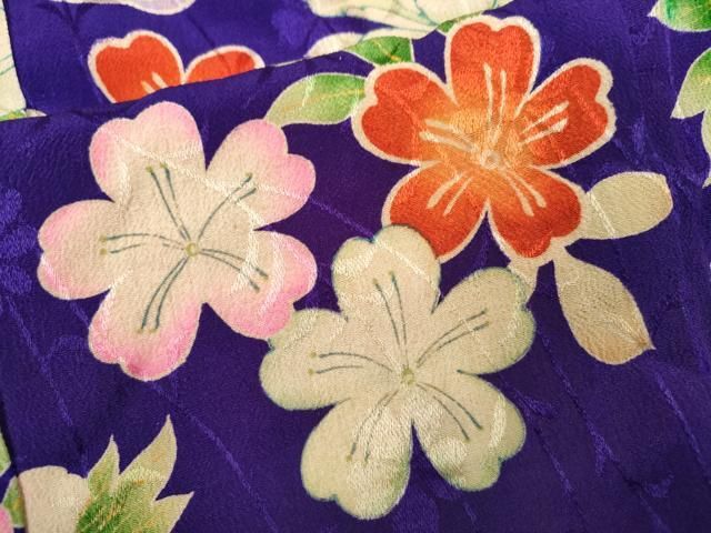 アンティーク　紫花雲取紋様錦紗縮緬地　花丸文様　七五三　四つ身着物　大正ロマン アンティーク 紫花雲取紋様錦紗縮緬地 花丸文様 七五三 四つ身