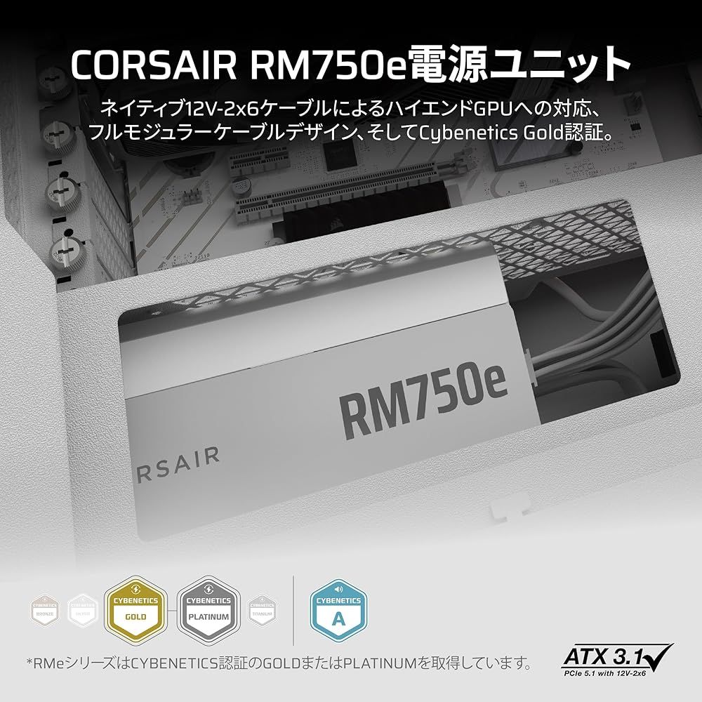 CORSAIR RM750e 2025ホワイトモデル PC電源ユニット 750W PCIE 5.1 対応 Cybenetics G ATX 3.1 認証済 フルモジュラー 12V-2x6 ケーブル付属 CP-9020292-JP