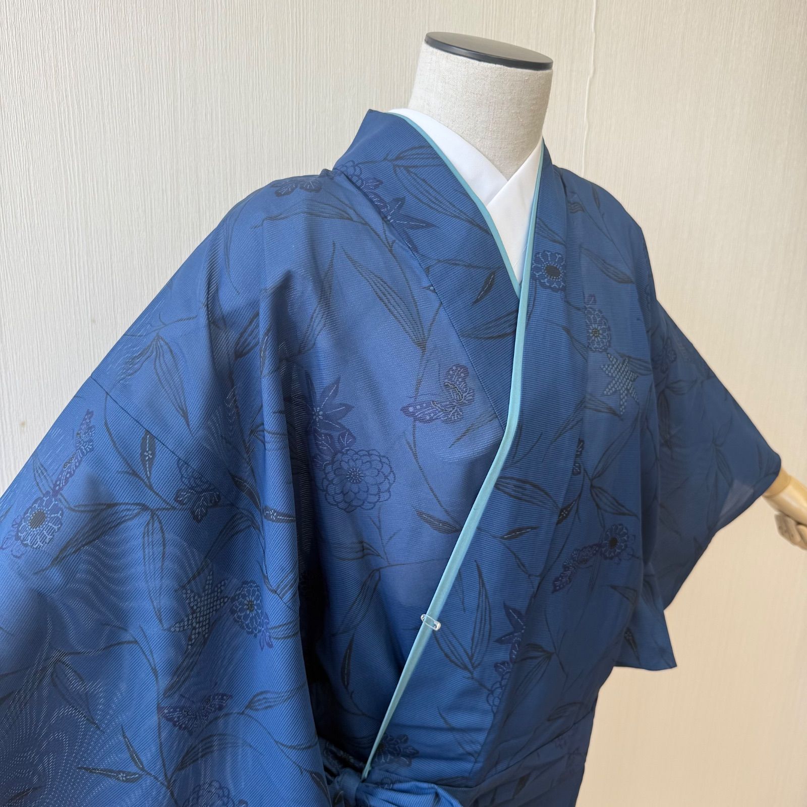 着物 二部式着物 絽 正絹 夏物 二部式 紺 花柄 リサイクル着物 z-554