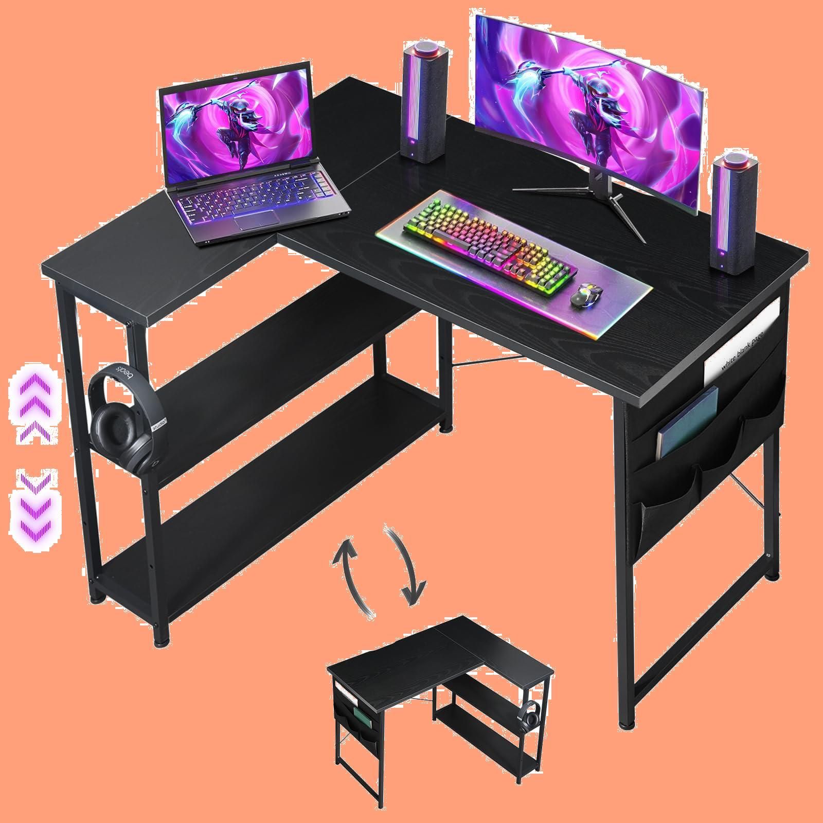 リモートワーク 在宅ワークデスク 勉強机 L字型 作業机 ゲームデスク 棚板高さ調節 つくえ コーナーデスク desk ラック付き 幅99cm 右棚左棚 l字デスク パソコンデスク 黒い pcデスク 机 デスク Maihail