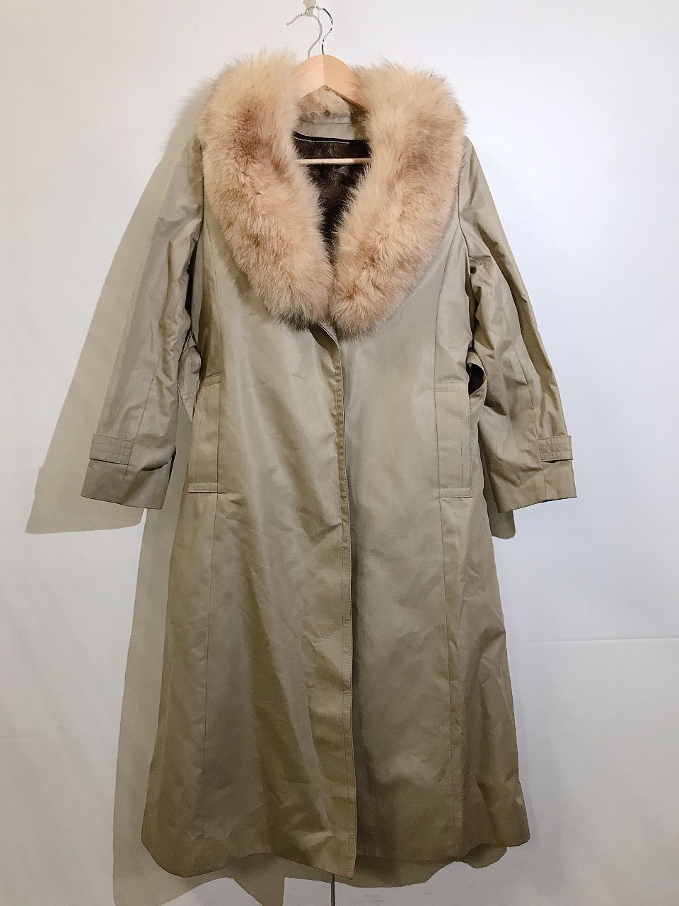 超希少　80s　高品質　【Diolen cotton】　ライナー付　ファーコート Diolen Cotton コットン ロングコート カーキ ファー ボア