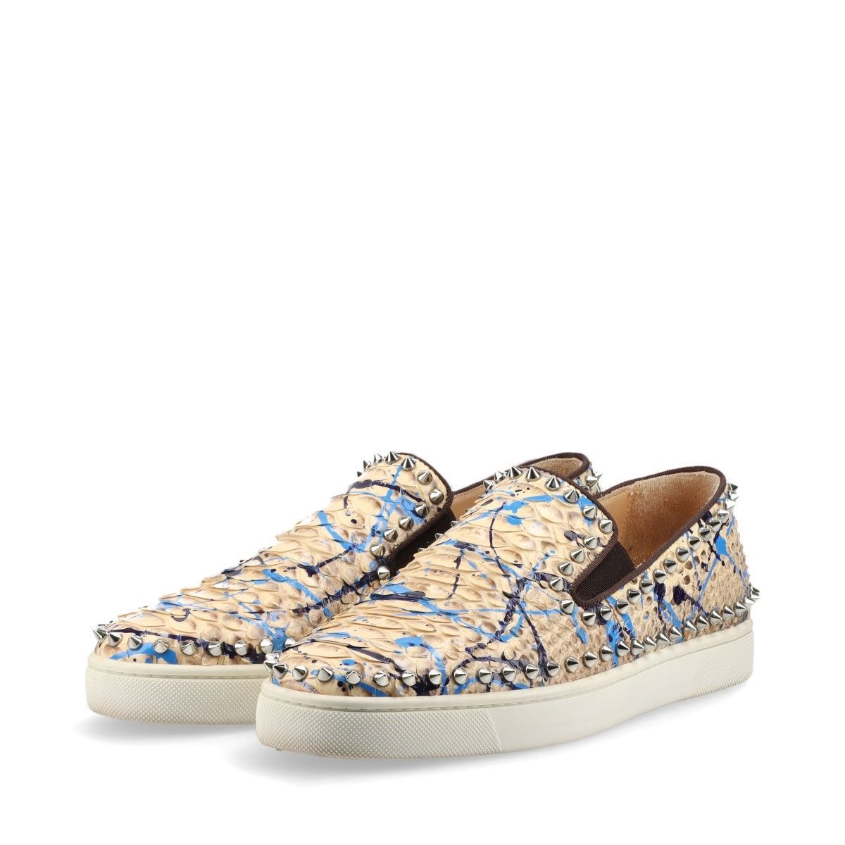 Christian Louboutin クリスチャンルブタン PIK BOAT ピックボート スパイクスタッズ パイソン レザー スリッポン メンズ 40 ベージュ ペイント MADE IN EU