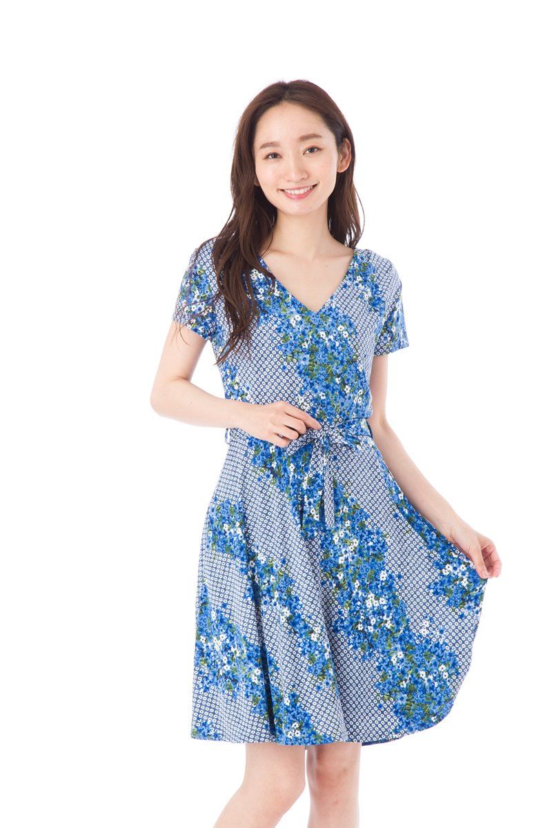 ファス FAS ワンピース T2 T3 T4サイズ 半袖 膝丈 vネック ジャージー 花柄 大人上品ワンピース レディース 大きいサイズ Fille A Suivre