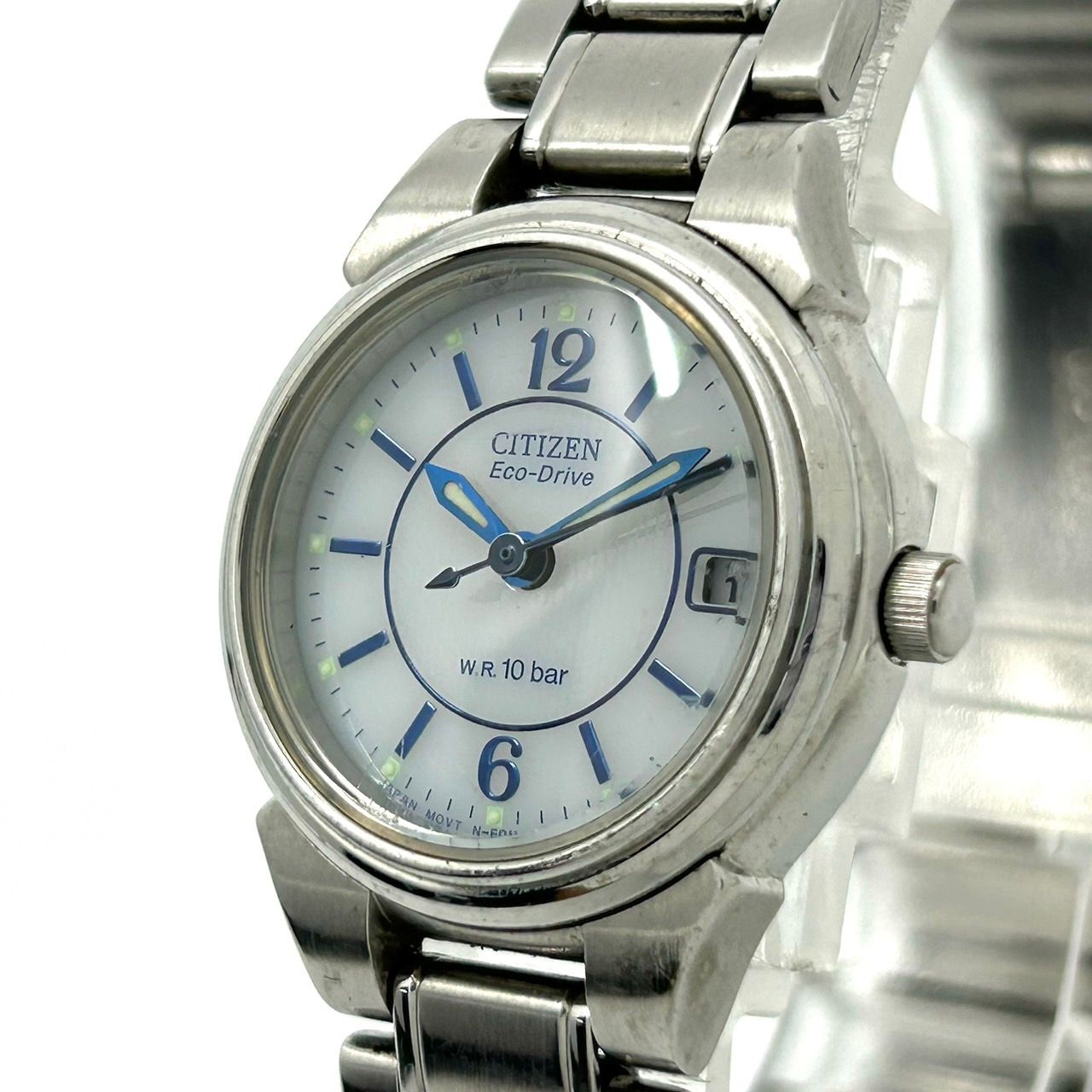 稼働品 シチズン エコドライブ 腕時計 レディース E011-S027144 ソーラー W.R. 10 BAR アナログ デイト表示 白文字盤 ステンレス シルバー シンプル クラシック エレガント カジュアル ビジネス 通勤 クリーニング済 G5