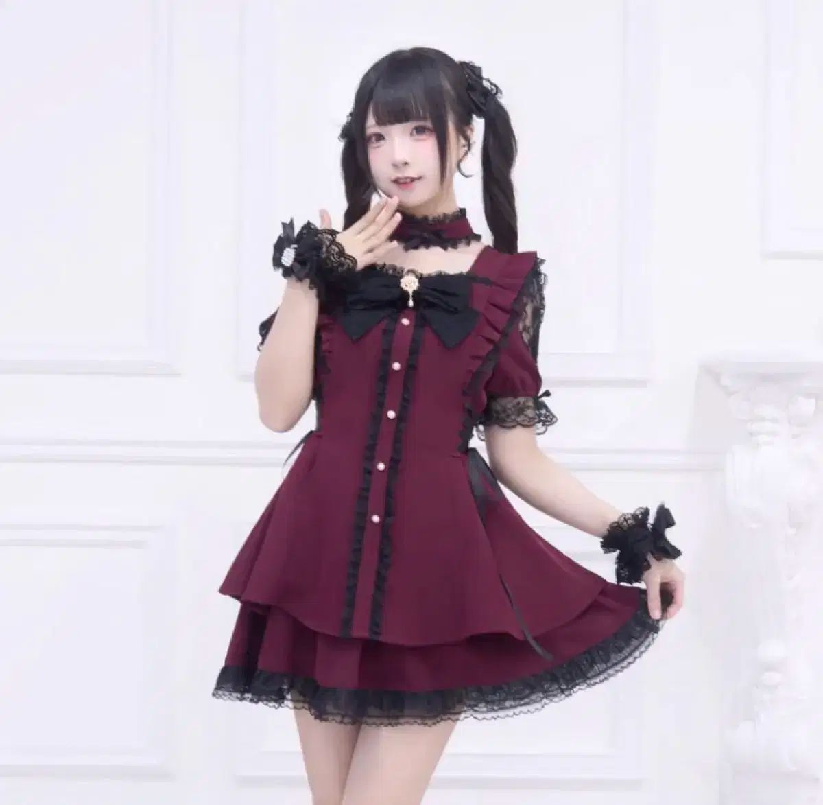 のげんき NoGenki スクエアネック ビック リボン ワンピース セット ボルドー M 地雷系