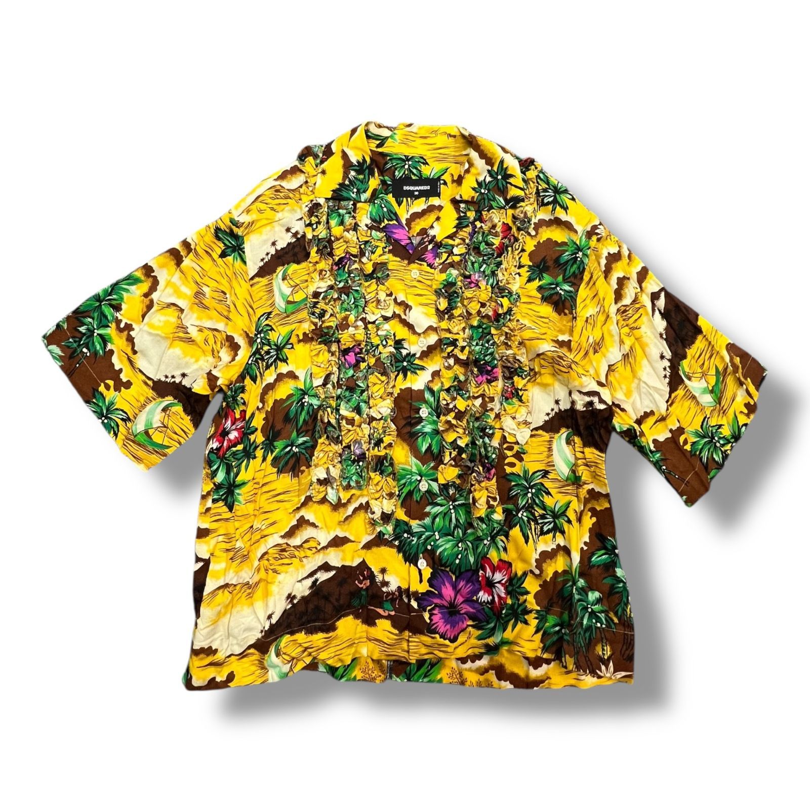 参考上代104500円 DSQUARED2 Hawaiian Viscose Cropped Short Sleeve Shirt クロップドショートスリーブシャツ アロハシャツ ハワイアンシャツ ディースクエアード S72DL0542 イエロー 36