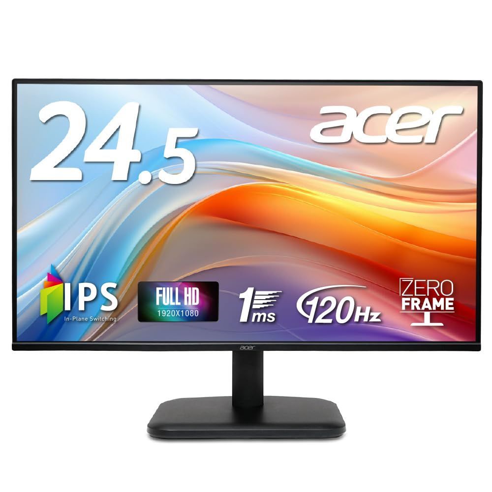 【数量限定】モニター 24.5インチ フルHD 非光沢 IPS 120Hz 1ms(VRB) sRGB Acer 99% AdaptiveSync HDMI 1.4 ミニD-Sub 15ピン スピーカー・ヘッドフォン端子非搭載 VESAマウント対応 ゼロフレー