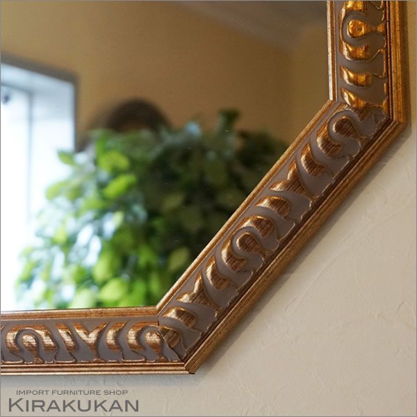 鏡 壁掛け アンティーク 八角ミラー ゴールド LLサイズ Mirror 八角形