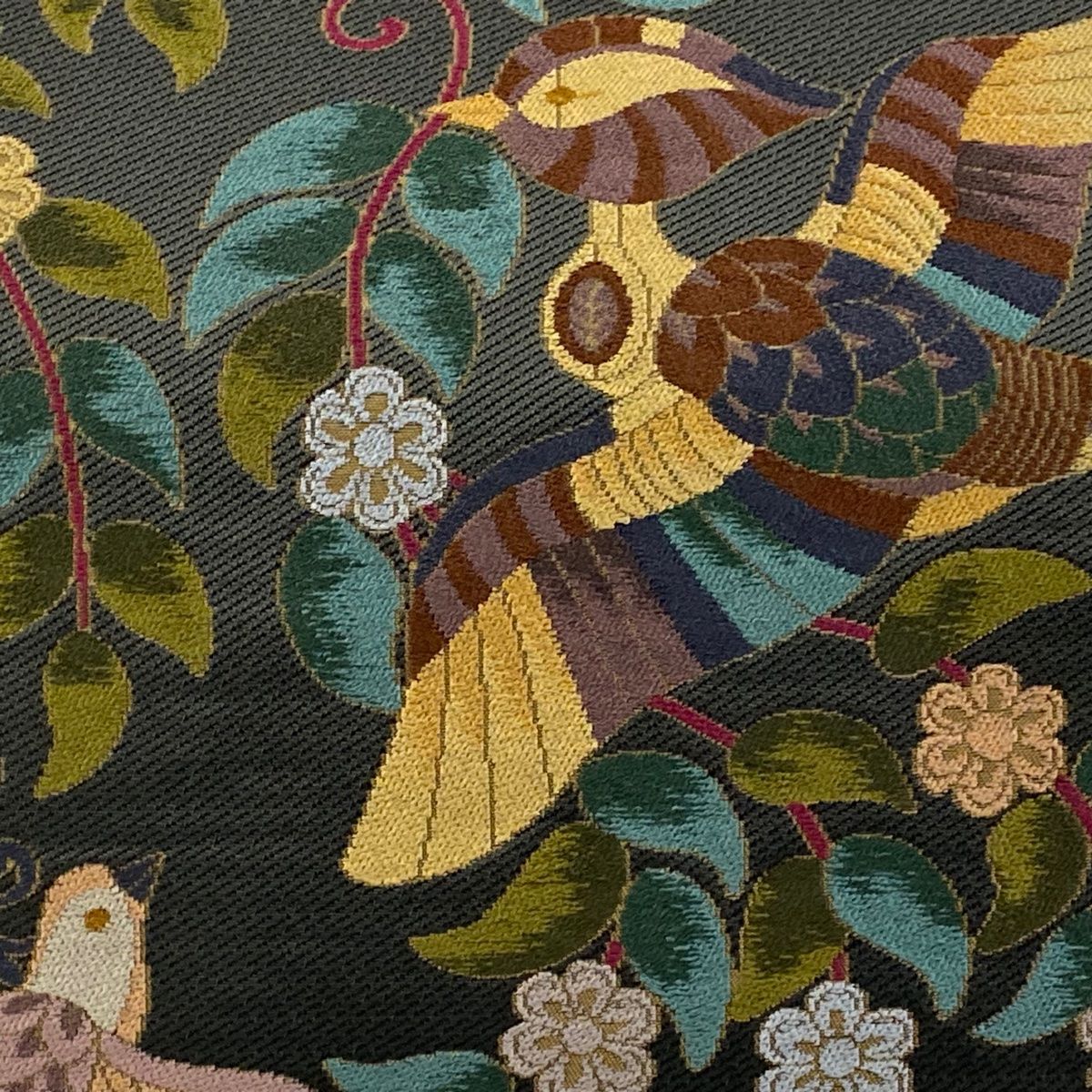 袋帯 美品 逸品 白綾苑大庭 落款 鴛鴦 花鳥 箔 黒灰 六通 正絹