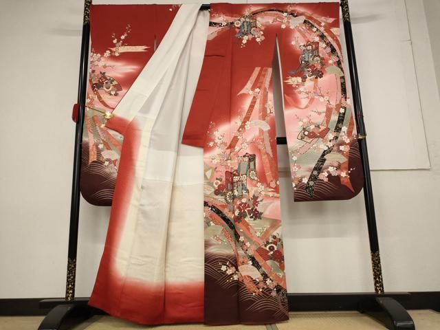 平和屋着物▽豪華振袖 御所車吉祥花文 金糸 金彩 正絹 逸品 AAAZ2658cs