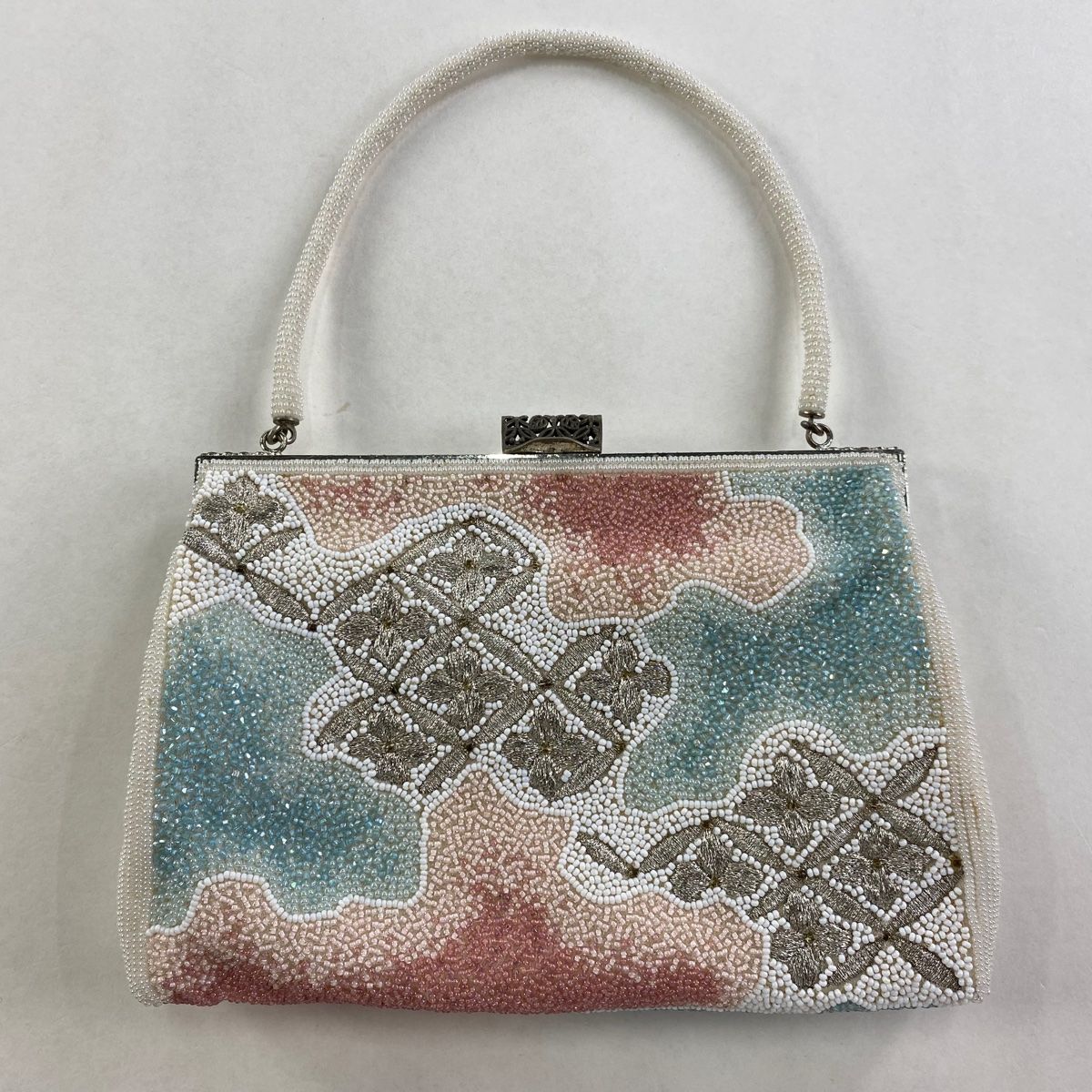 和装バッグ 秀品 ビーズバッグ フォーマル 花火し 霞 銀糸 白 ビーズ 和装小物