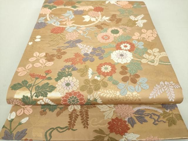 平和屋着物○六通柄袋帯 唐織 草花文 黒地 金糸 三越扱い 正絹