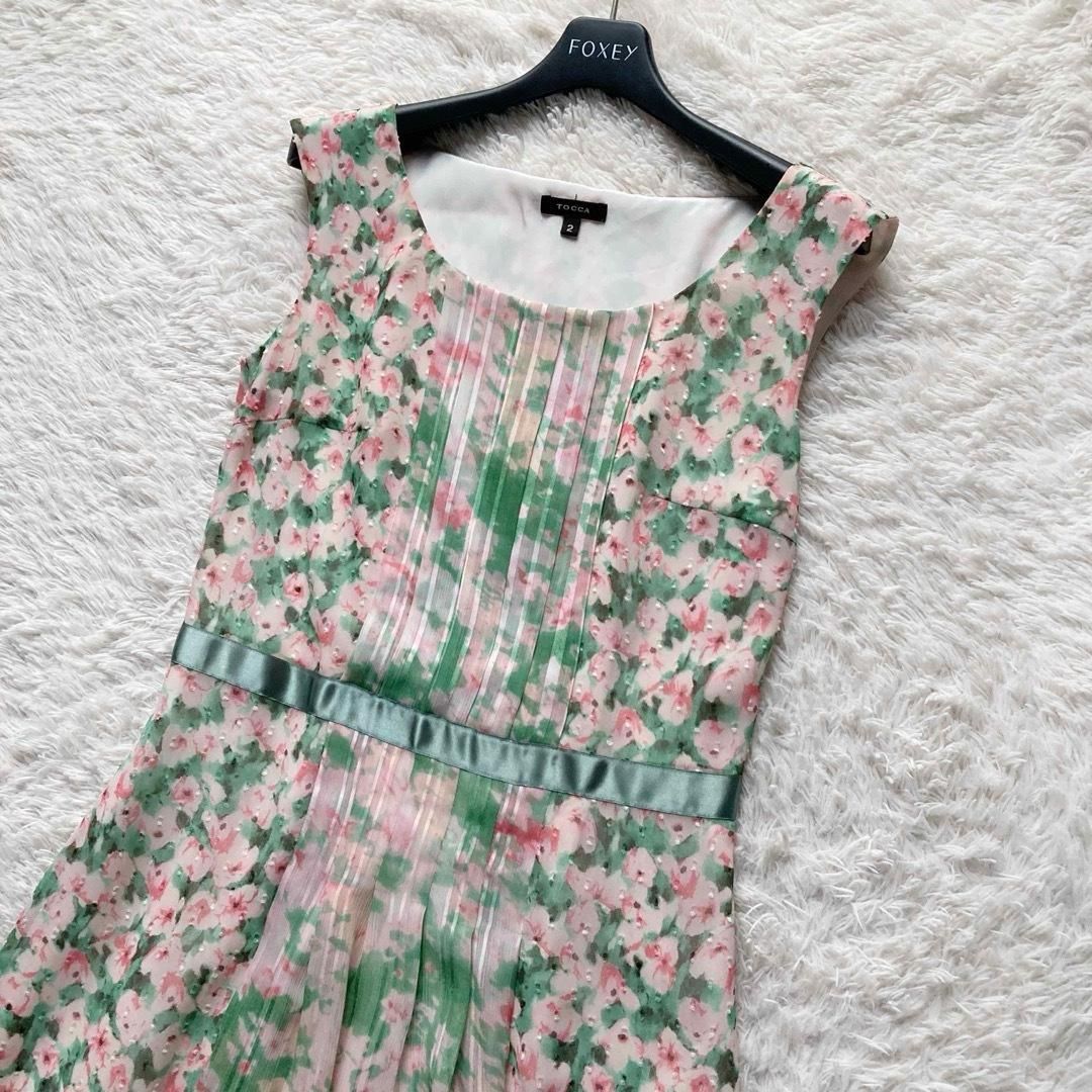 TOCCA トッカ フ ワンピース ひざ丈 Aライン ひざ丈 花柄 フラワープリント シフォン サテンリボン 日本製 大人可愛い 2サイズ グリーン ピンク