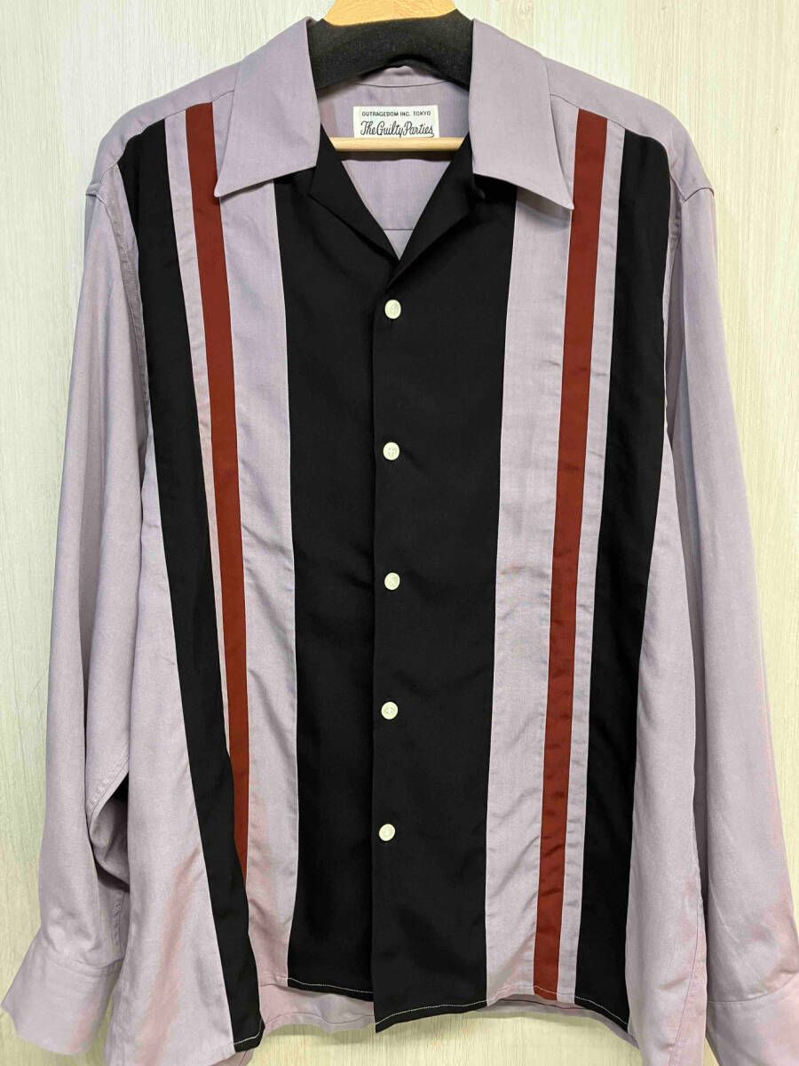 WACKO MARIA THREE TONE 50'S 長袖 シャツ ワコマリア ストライプ パープル ブラック L メンズ オープンカラー 開襟 スリートーン