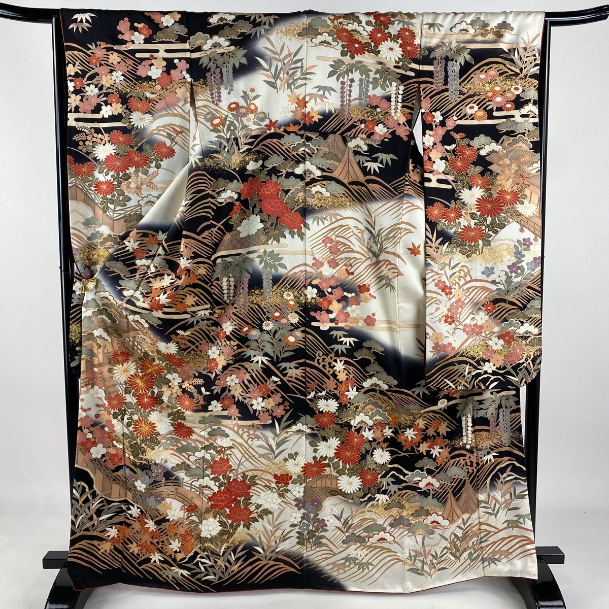 振袖 身丈166cm 裄丈65.5cm M 袷 菊 松竹梅 金糸 金彩 黒 正絹 名品