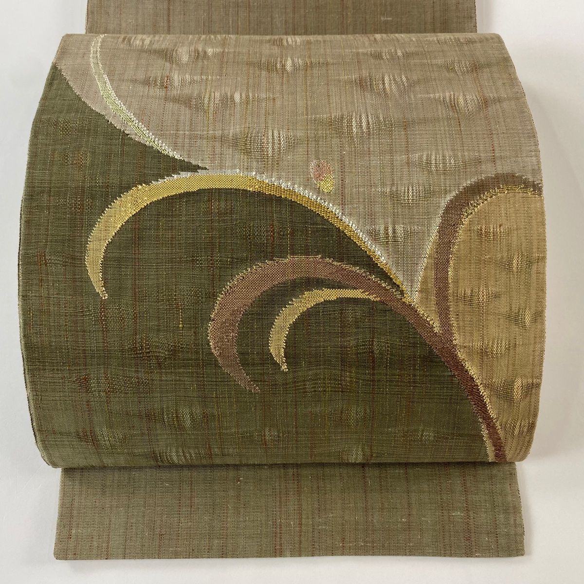 袋帯 秀品 枝葉 幾何学 金糸 灰緑 お太鼓柄 正絹