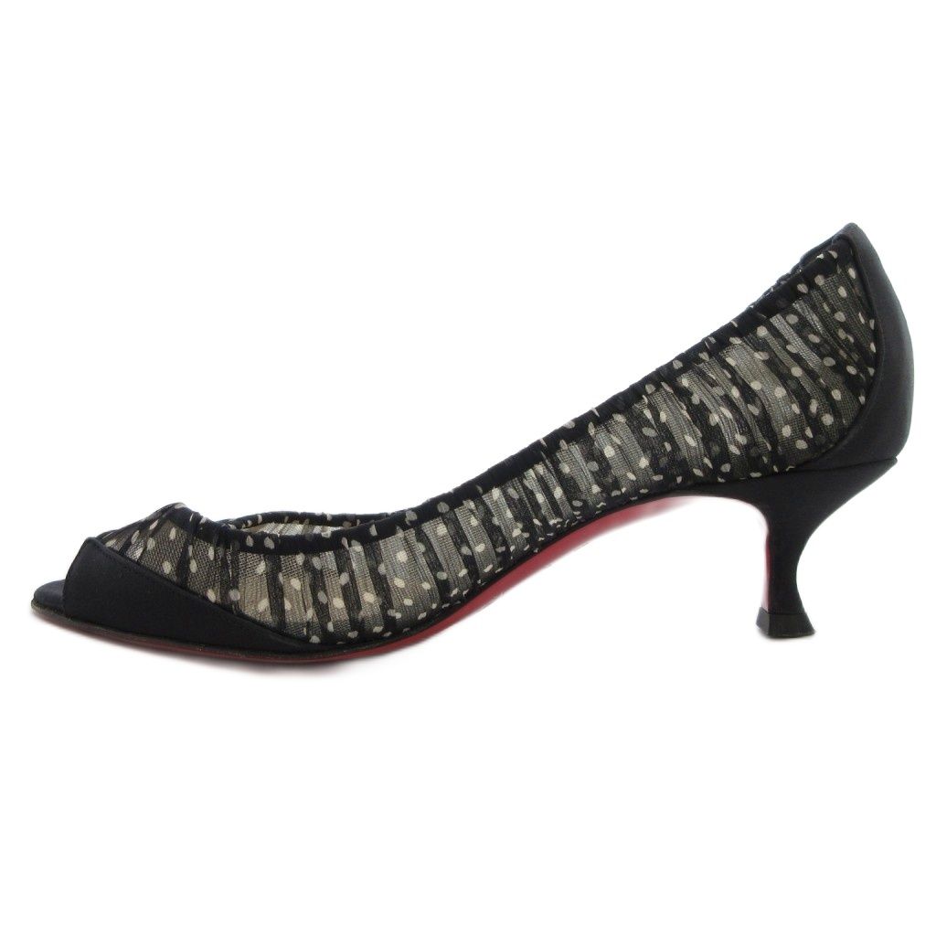 クリスチャンルブタン Christian louboutin パンプス ピンヒール オープントゥ サテン シアー ドット柄 切替 36.5 黒 ブラック 白 ホワイト |GV GY18