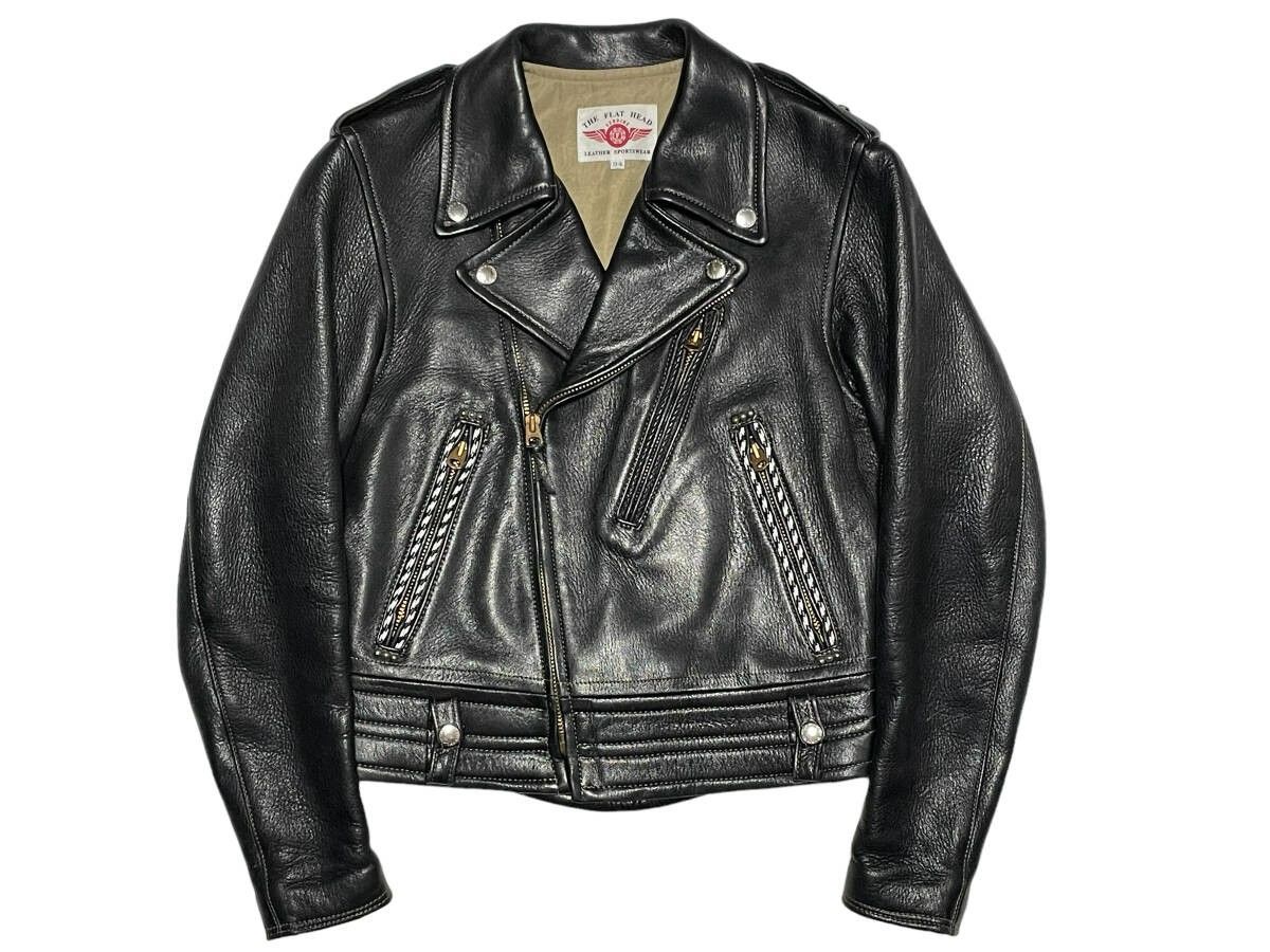 極美品 34 THE FLAT HEAD フラットヘッド ディアスキン 鹿革 ダブル ライダースジャケット 編み込み パイピング