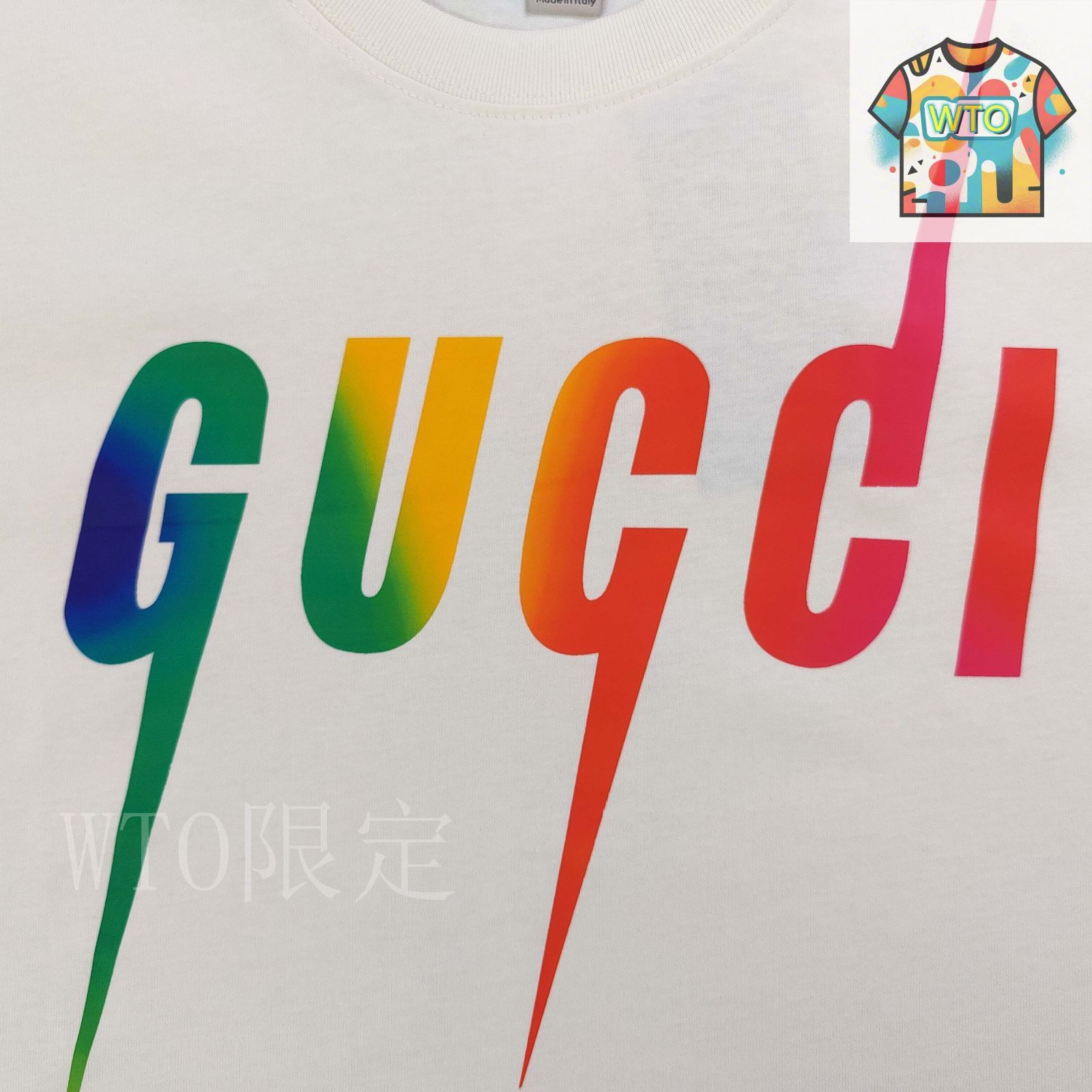 GUCCI グラデーションカラーTシャツ 今日特価】GUCCI 2025 グラデーション稲妻アルファベット柄ロゴ