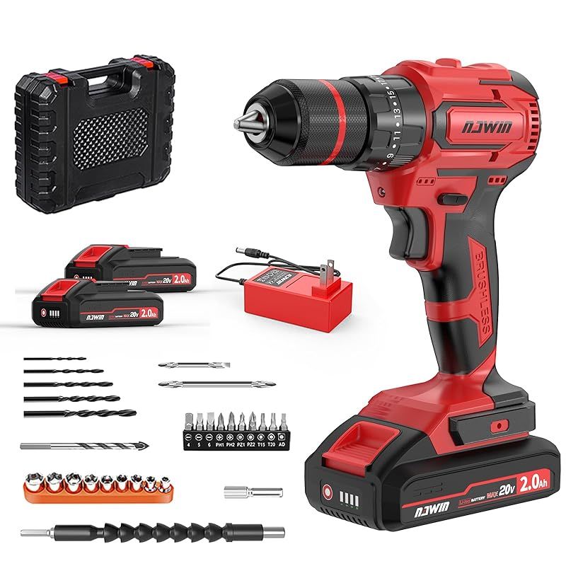 ナウィン 20V充電式ドライバドリル 電動ドライバー 電動ドリル 振動ドリル コードレス 2.0Ah電池2個付 穴あけ・ネジ締めに ブラシレスモーター 無段変速 正逆転 20+3段トルク調整 高輝度LED照明 豊富な付属品 取扱説明書 収納ケース NA-2 1