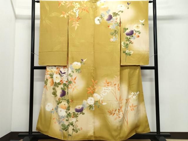 平和屋着物●アンティーク 大正ロマン 訪問着 刺繍 枝菊文 暈し染め 金彩 正絹 CAAY3023vf