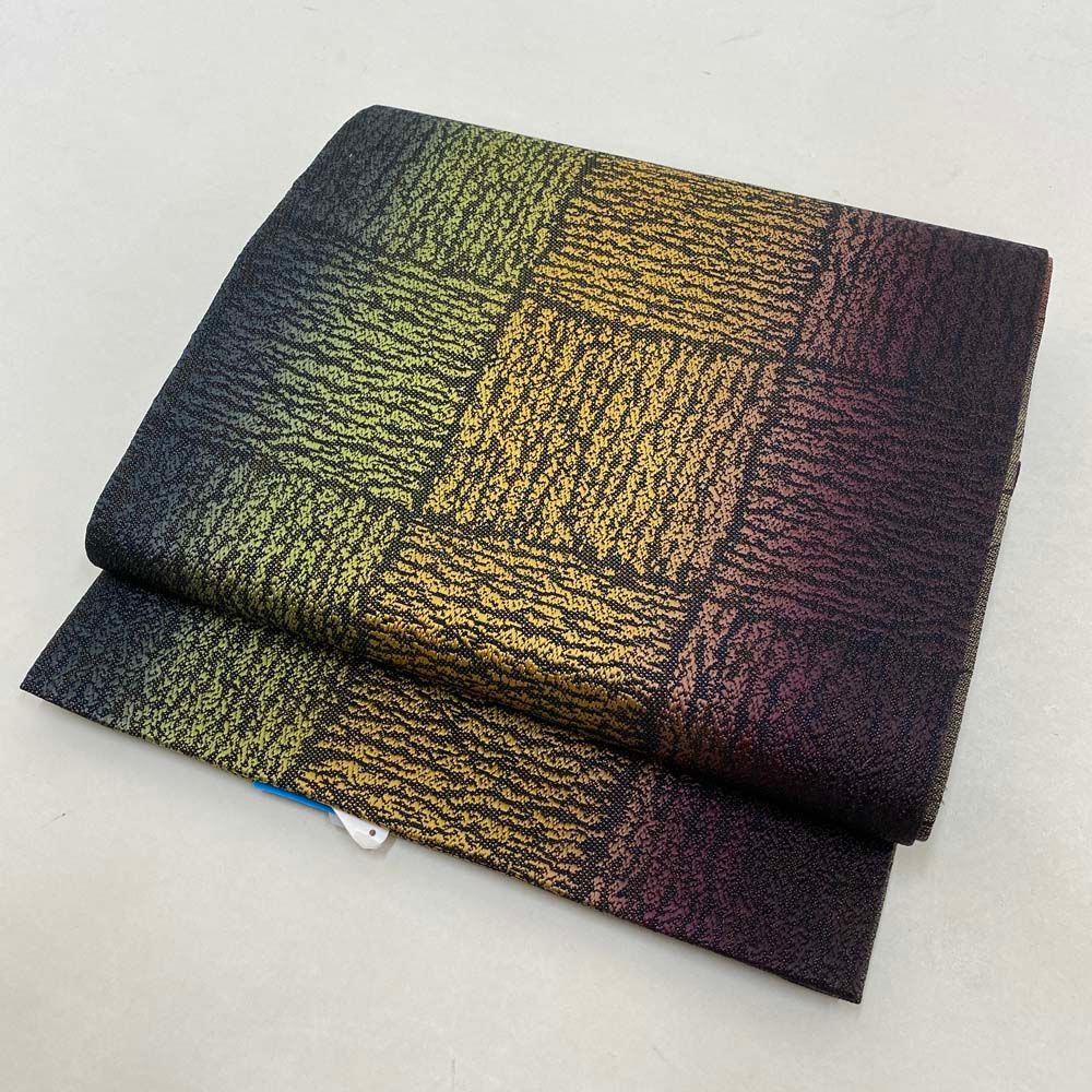 洒落帯 しゃれ帯 緑 黄色 紫 両面 全通 中古 カジュアル リサイクル帯  