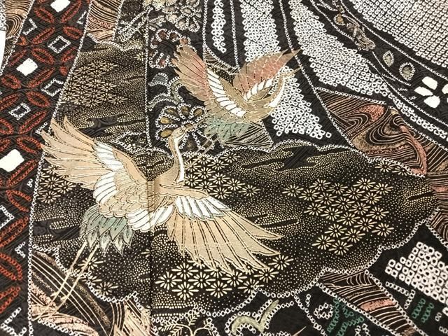 平和屋着物○豪華振袖 絞り 束ね熨斗飛鶴花文 黒地 金彩 正絹 逸品  