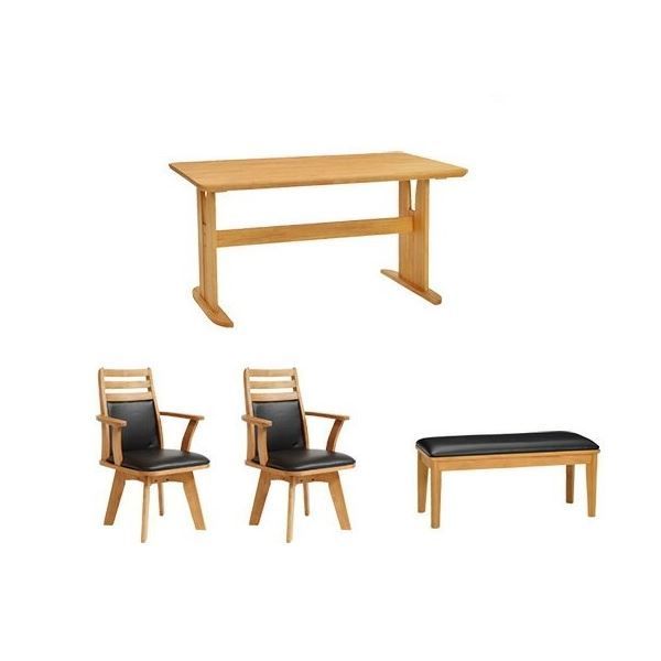 ダイニング 4点セット ダイニングテーブルセット 回転チェア ベンチ テーブル幅135cm 木製 ブラッシング加工 ナチュラル NA 組立品 代引不可