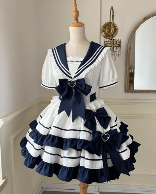 ゴスロリ・ロリータ 風 ドレス ネイビーとホワイト Lolita 風