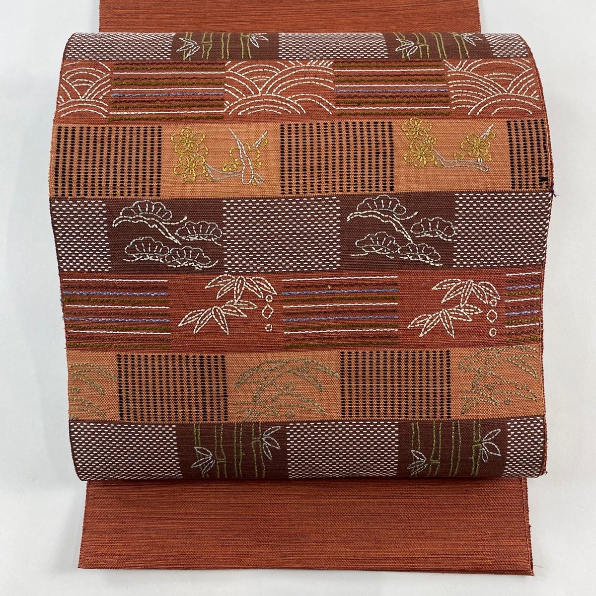 開き名古屋帯 秀品 八寸名古屋帯 松竹梅 縞 赤茶 正絹