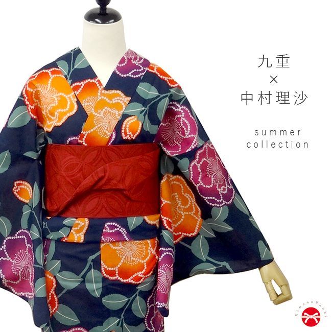 浴衣 レディース　九重 × 中村里砂 浴衣単品 (紺地 オレンジ・紫 椿 ) 浴衣 レディース 九重 × 中村里砂 浴衣単品 (紺地 オレンジ・紫 椿