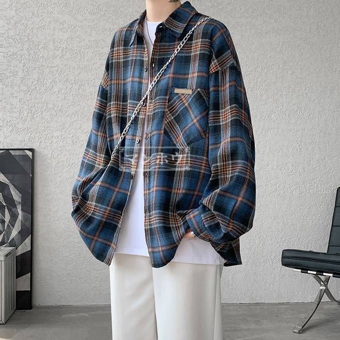分袖 メンズ 長袖 カジュアル チェック 柄シャツ モックネック