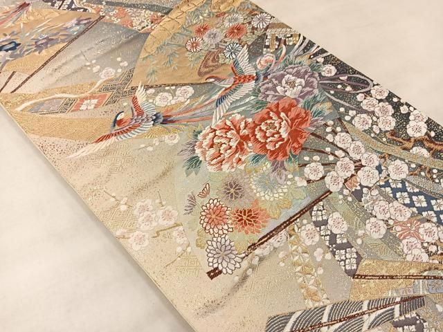 袋帯 金糸 牡丹 梅花 菊花 菱形模様 扇模様 着物 101t