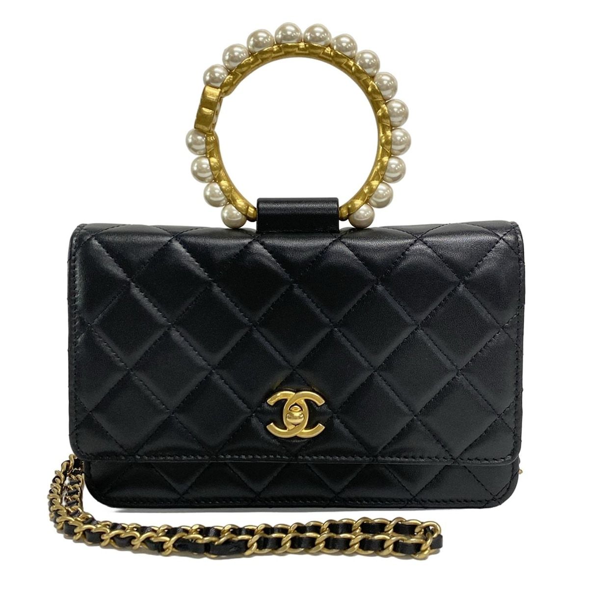CHANEL シャネル 財布 マトラッセ AP2272 黒 チェーンウォレット|ヴィンテージゴールド金具|パールハンドル|メタルシリアルプレート