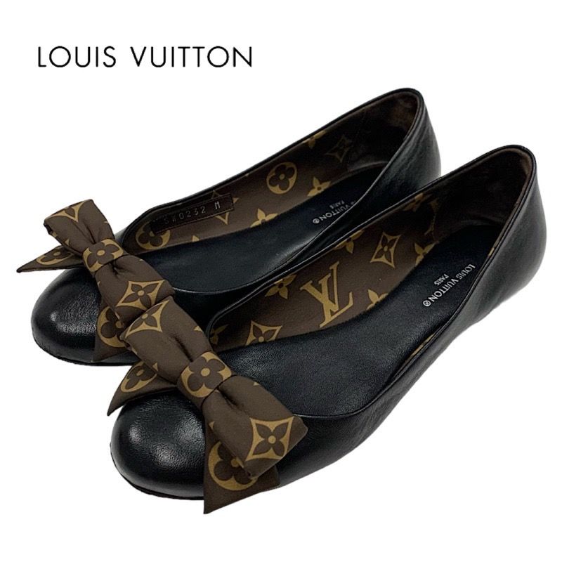 ルイヴィトン LOUIS VUITTON モノグラム フラットシューズ バレエシューズ フラットパンプス 靴 シューズ リボン レザー ブラック -  メルカリ