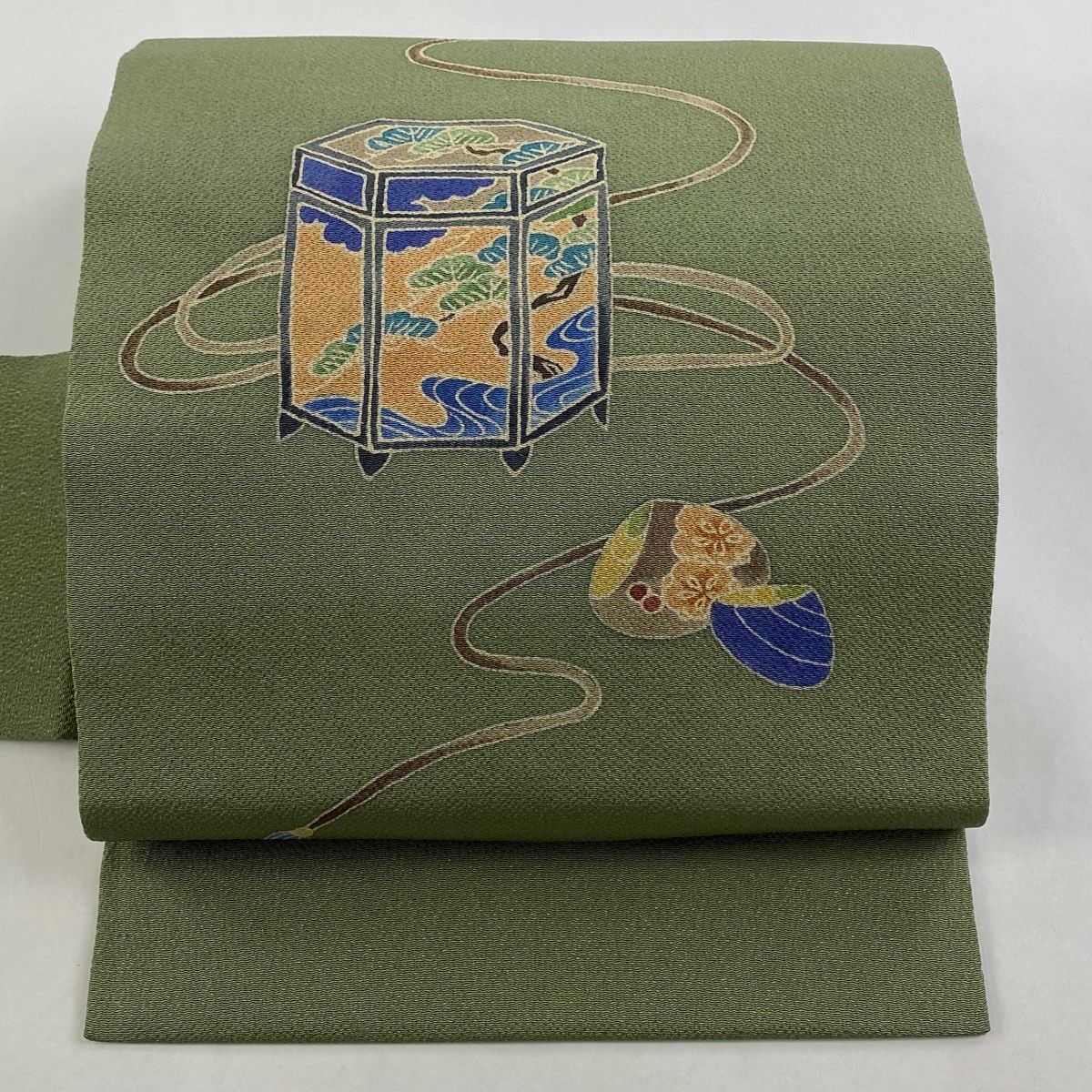 名古屋帯 秀品 落款 貝桶 縮緬 灰緑 正絹