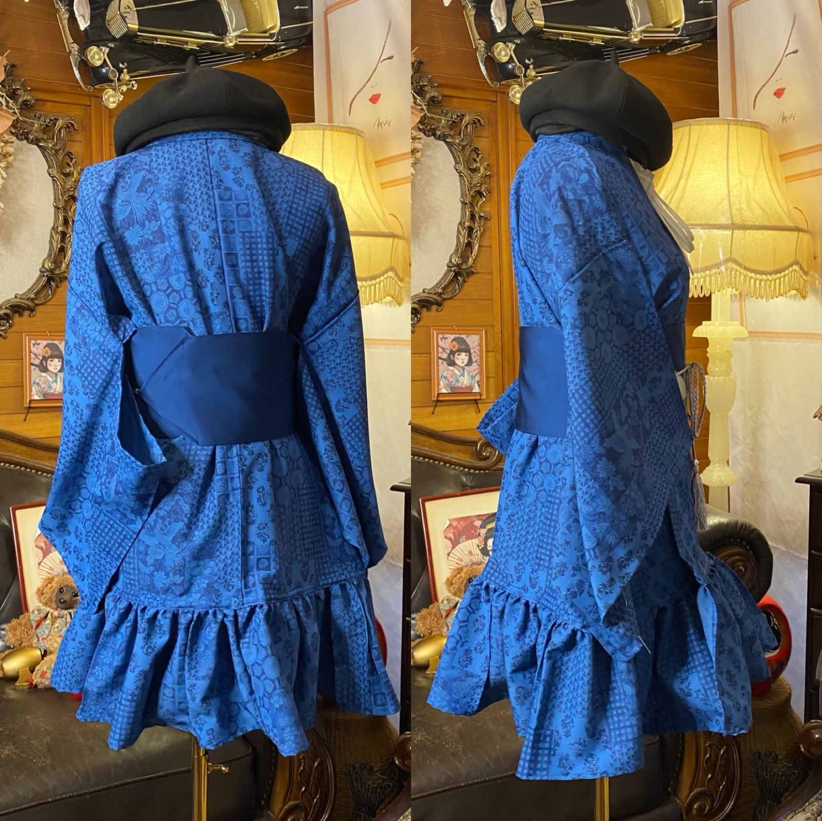 単衣着物 2way ガウン 羽織り ドレス ワンピース ハンドメイド 和洋折衷 洗える 化繊 リメイク 帯サッシュベルト レトロ 古着 青藍×地紋パッチワーク KD-70 NEXPOTALLINN_EU