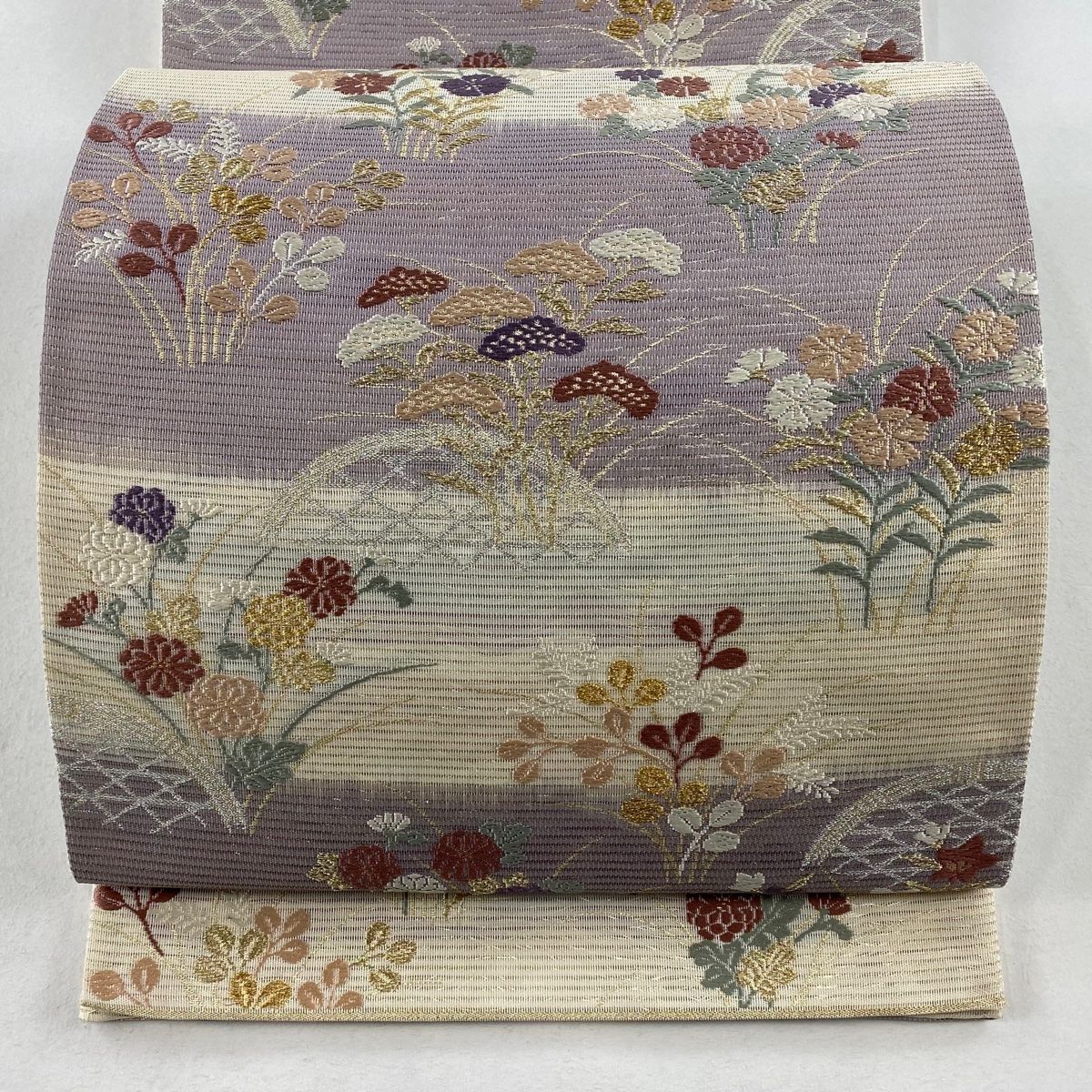 美品 桜 金 ピンク 椿 菱形文様 正絹 袋帯 二重太鼓 作り帯 袋帯 美品 秀品 やまと 枝花 蝶 金糸 金彩 えんじ色 お太鼓柄