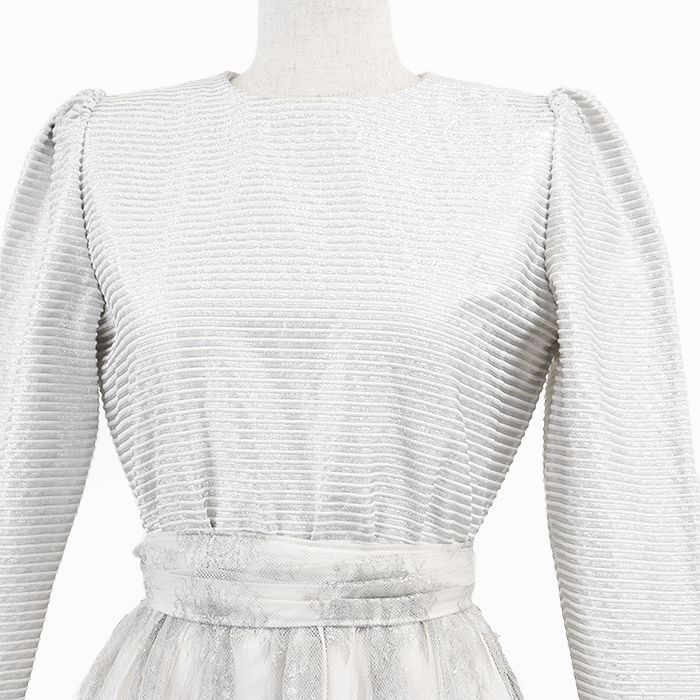 ヴィンテージ Christian Dior クリスチャンディオール ロングワンピース BOUTIQUE ブティック レース ＆ チュール コンビネーション ロングスリーブ 長袖 バックボタン ウール混 ドレス ベルト付属 レディース サイズ表記不明 銀系