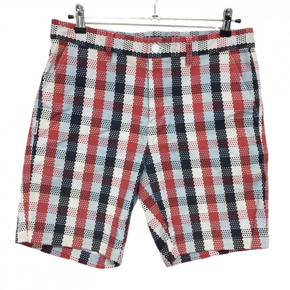 新品，限定SALE ジャックバニー ハーフパンツ ネイビー×レッド×白 チェック メンズ 5(L) ゴルフウェア Jack Bunny パンツ
