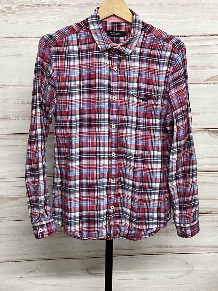 BURBERRY バーバリー BLACK LABEL 長袖シャツ レッド系チェック柄 麻100% メンズサイズM